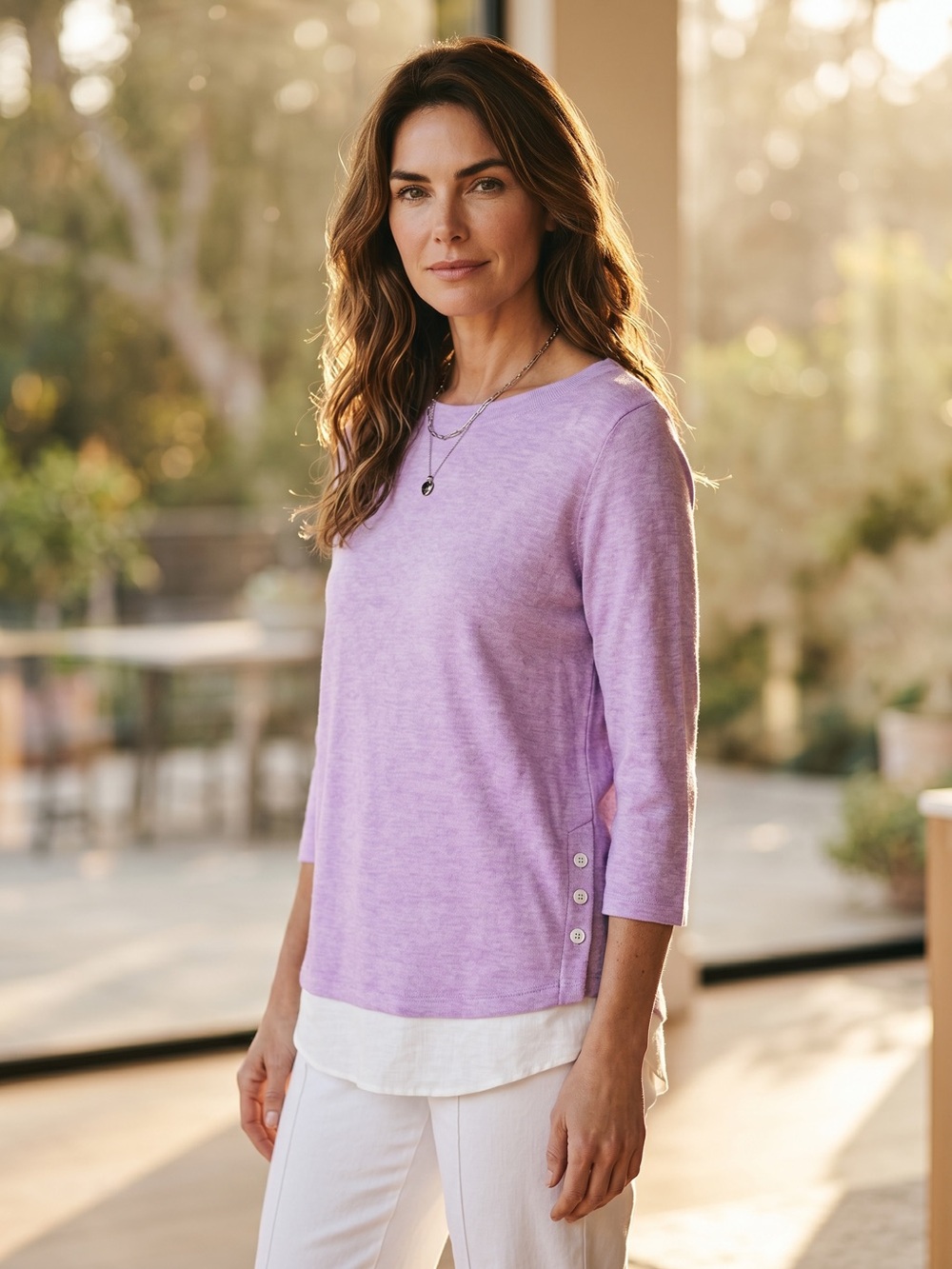 J. Jill Love Linen Tunic XL Lilac White Layered Hem 3/4 Sleeve